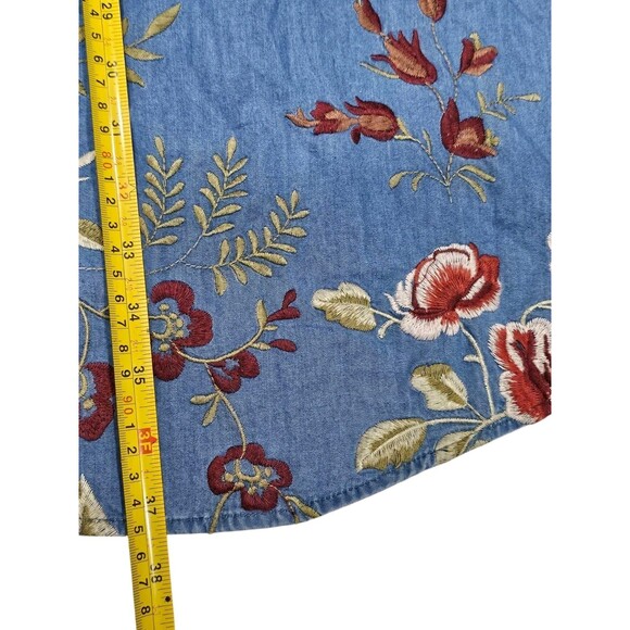 Beige By Eci Blue Denim Dress 14 Chambray Floral Embroidered V-neck Sleeveless - Picture 7 of 11